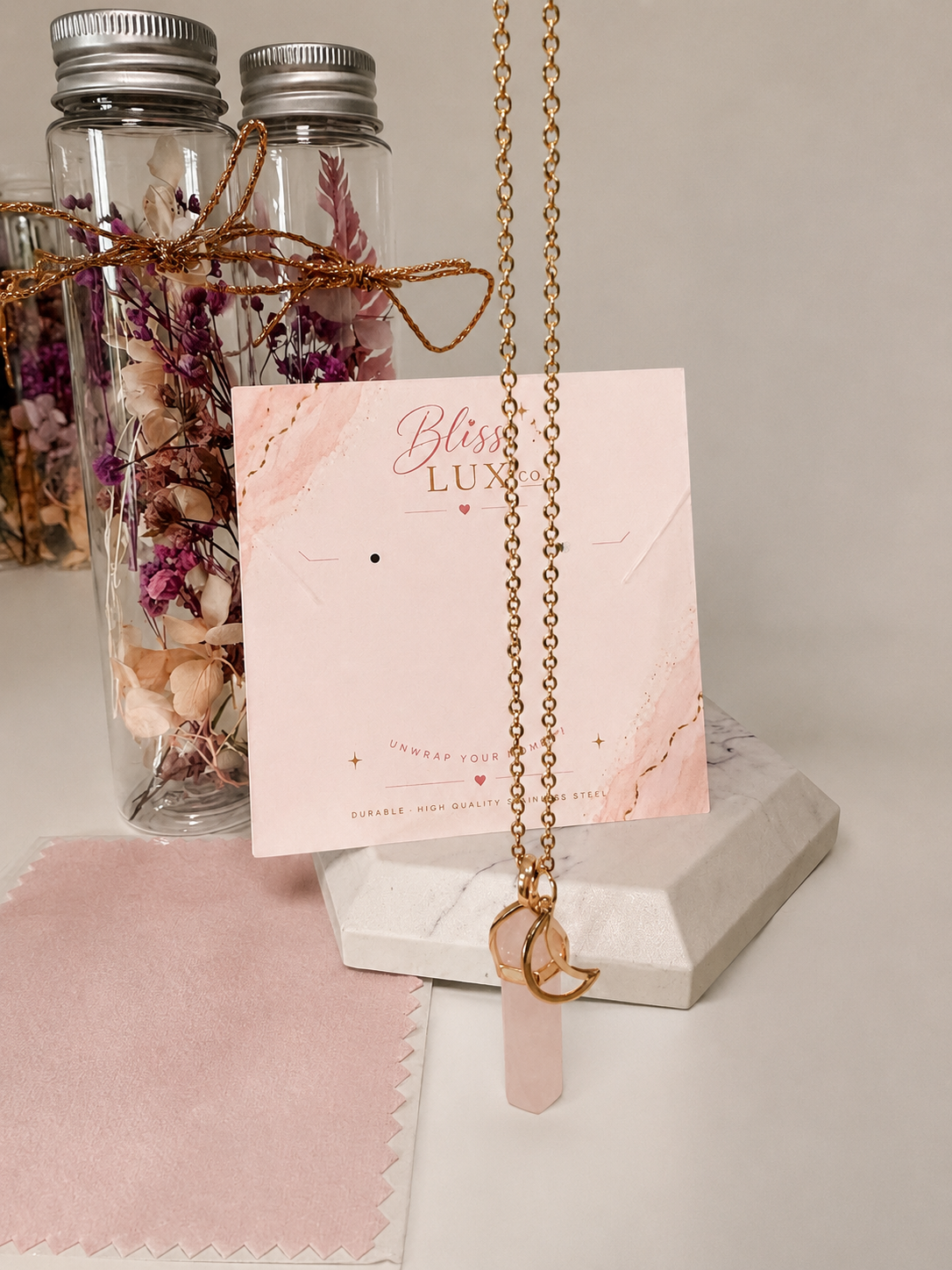 BlissLUX Rose Quartz Crescent Moon Necklace
