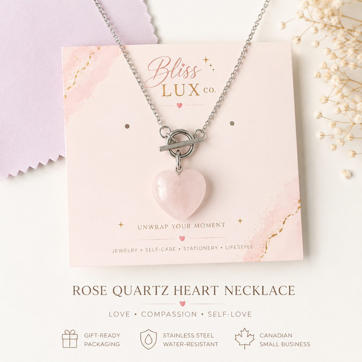 BlissLUX Rose Quartz Heart Necklace