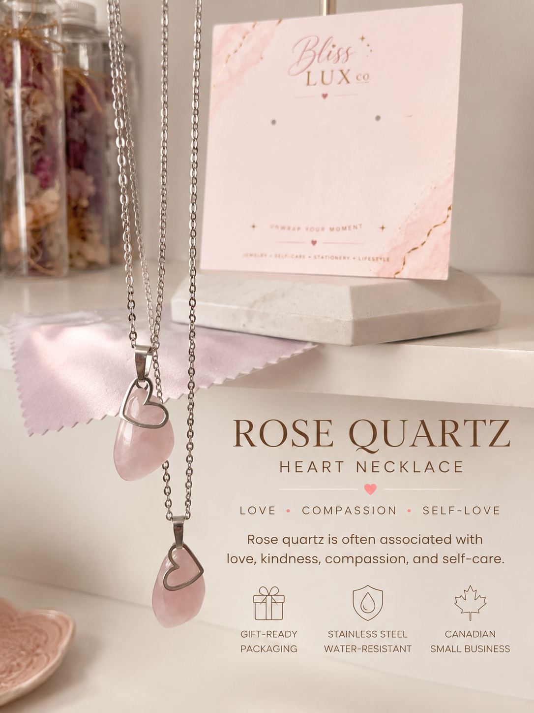 BlissLUX Rose Quartz Floating Heart Necklace