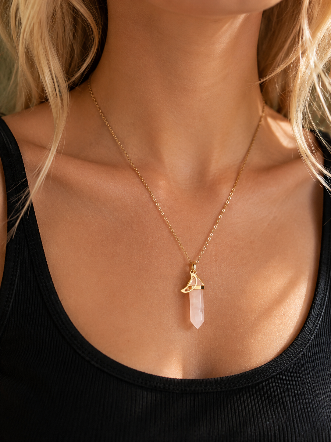 BlissLUX Rose Quartz Crescent Moon Necklace