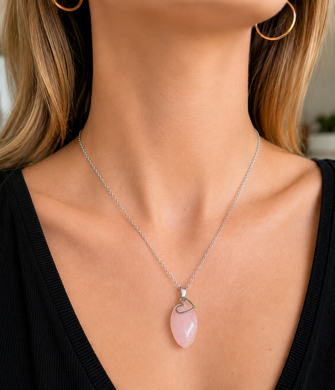 BlissLUX Rose Quartz Floating Heart Necklace